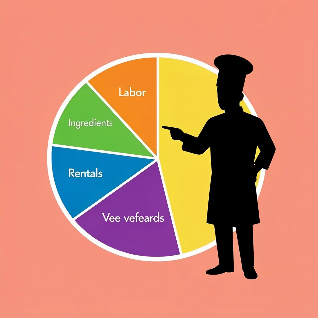 Wedding Catering Cost Breakdown Pie Chart Vector illustration of a pie chart breaking down wedding catering costs into labor, ingredients, rentals, venue fees, and overhead.