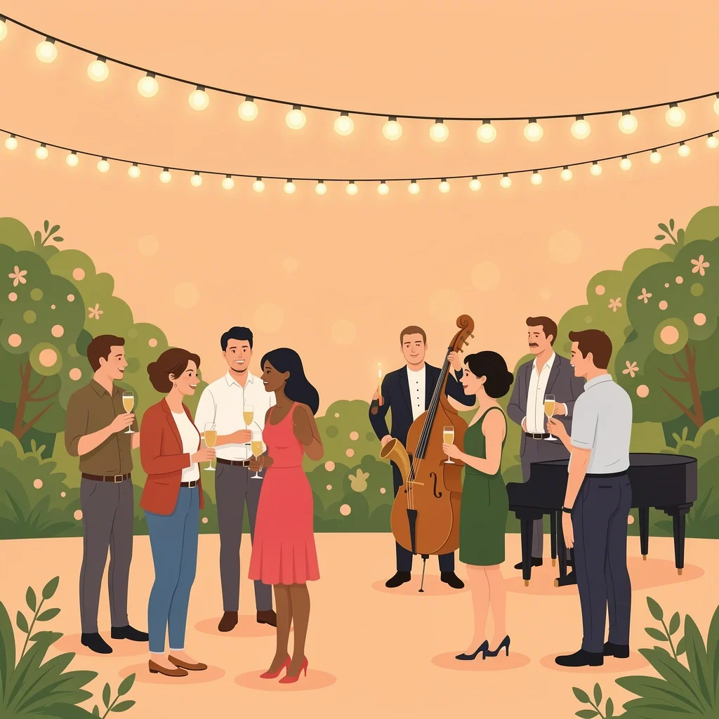 Cocktail Hour Music Ambience Outdoor garden cocktail party with guests mingling and a jazz trio playing, representing cocktail hour music