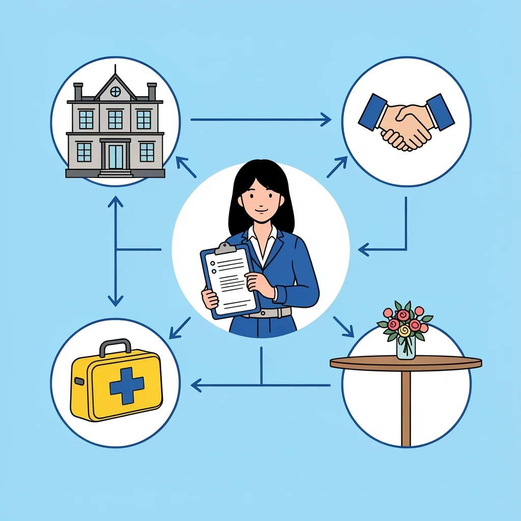 Coordinator Service Breakdown Illustration of a wedding coordinator with a clipboard and timeline, connected by arrows to icons representing venue walkthrough, vendor liaison, emergency kit, and setup, showing the service breakdown.