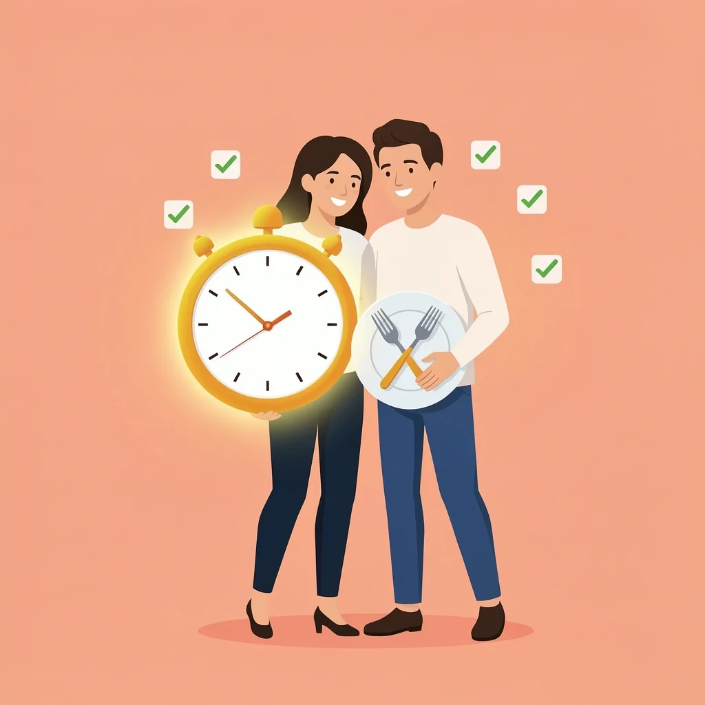 Couple holding timer and plate with checkmarks for RSVP speed strategies
