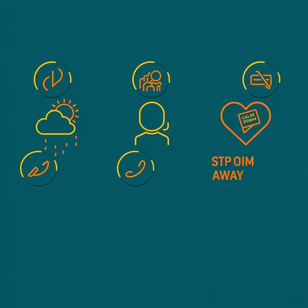 Wedding Crisis Toolkit Icons Three icons representing wedding crises: bad weather (sun and cloud), vendor no-show (person icon), and emotional meltdown (heart with calm-down card) on a teal background.