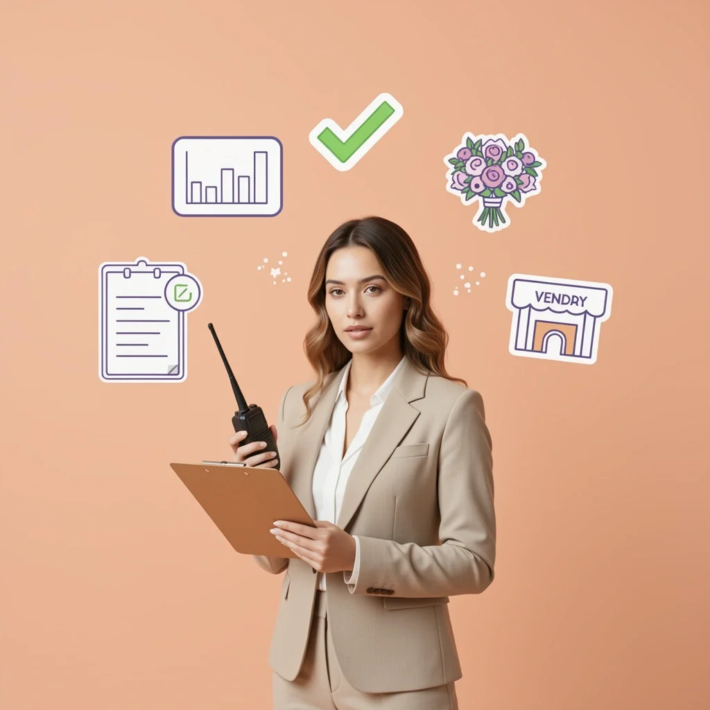 A wedding coordinator stands at the center of a vibrant scene with floating symbols representing timeline, checkmark, vendor icon, bouquet, and venue, illustrating the orchestration of a wedding day.