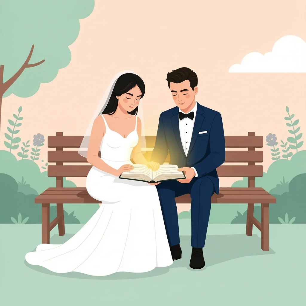 Bride and groom reading a wedding day devotional together on a bench in a peaceful garden before the ceremony