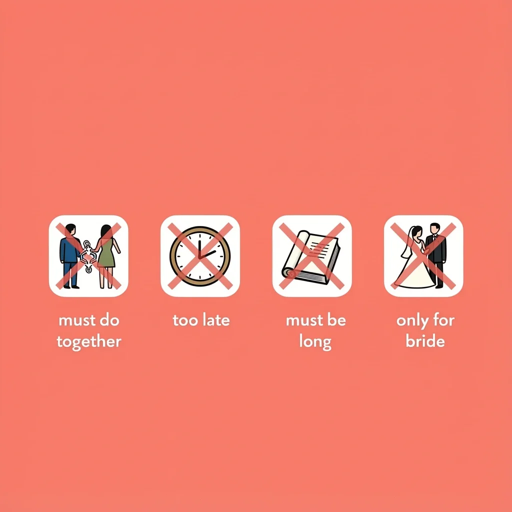 Myths about wedding day devotional Four icons with red X marks debunking myths about wedding day devotionals: doing together, too late, too long, only for bride