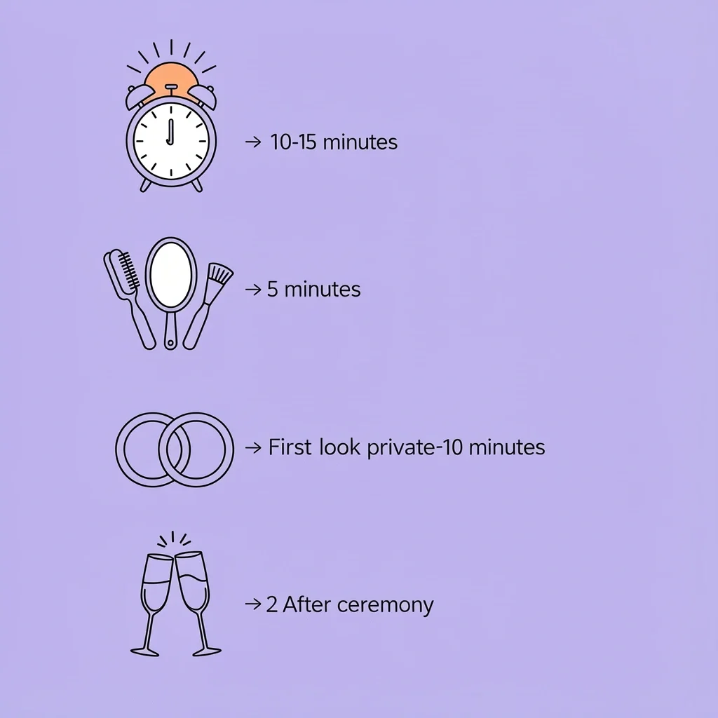 Best times to read wedding day devotional Four icons in a vertical timeline showing ideal times to read a wedding day devotional: early morning, during hair and makeup, first look, and after ceremony