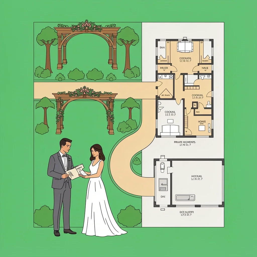 Wedding Day Structural Blueprint A couple looking at a blueprint of their wedding day with zones for ceremony, cocktail hour, and private moments.