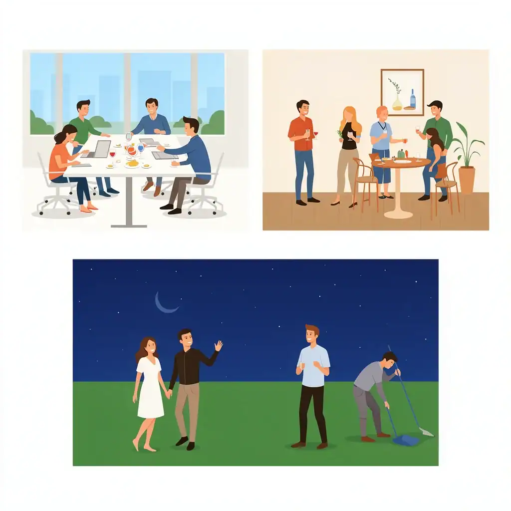 Timeline illustration showing morning setup team, cocktail hour transition, and evening send-off with cleanup crew