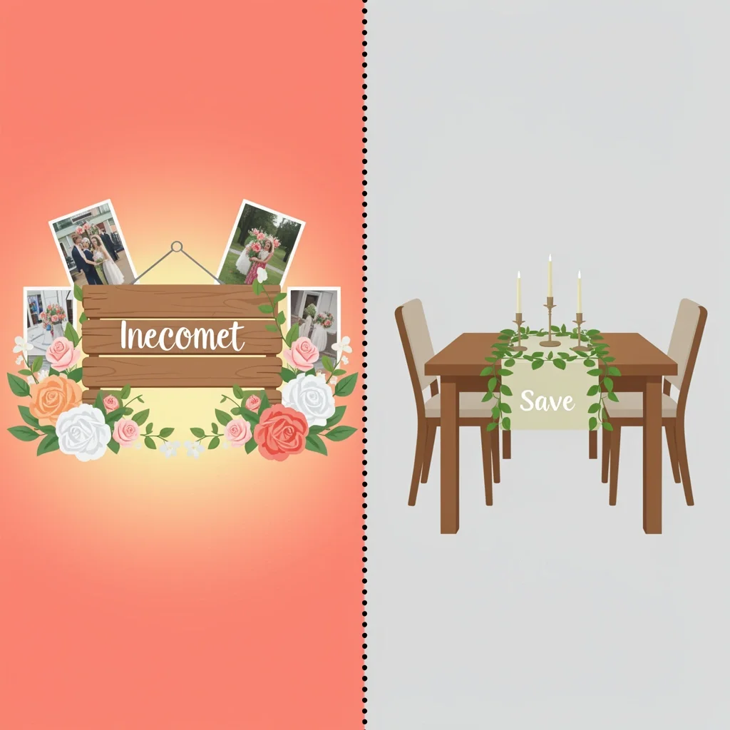 Split composition comparing high-investment wedding decor zone (entry) with save zone (simple table centerpieces).