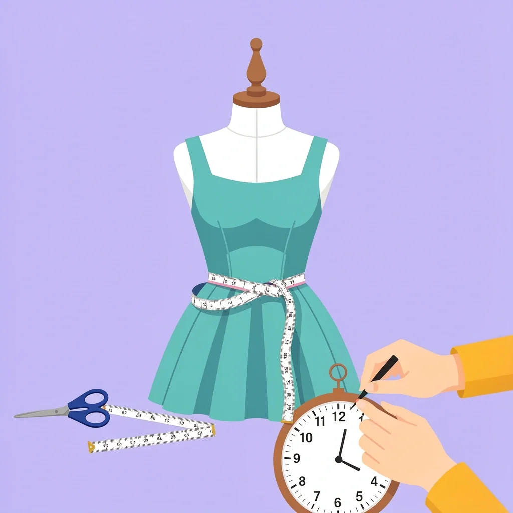 2D illustration of wedding dress alterations with mannequin, measuring tape, scissors, and clock representing time needed for fitting