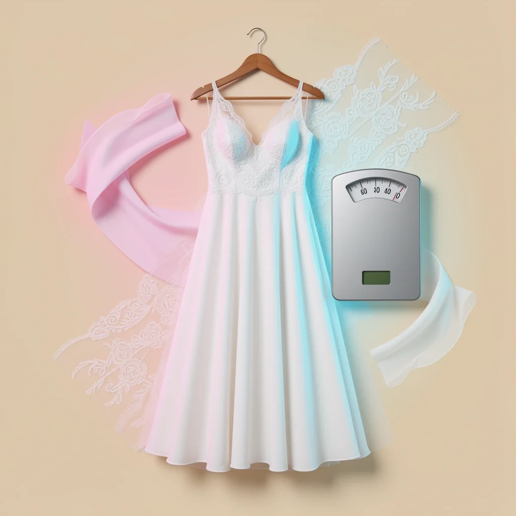 White wedding dress on a hanger next to a digital scale, representing the concept of dress weight measurement