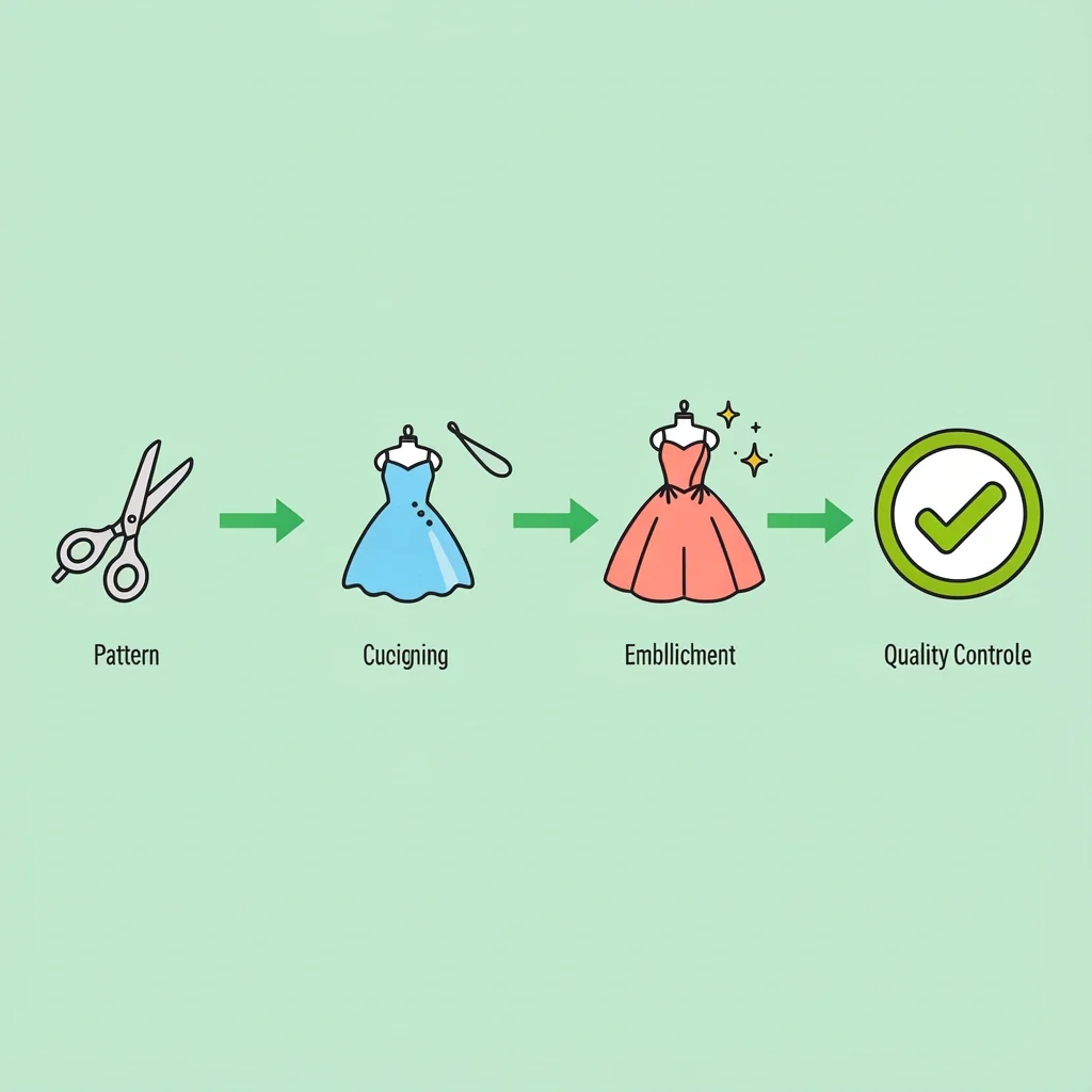 Vector illustration of wedding dress production pipeline showing pattern cutting, sewing, embellishment, and quality control stages with arrows