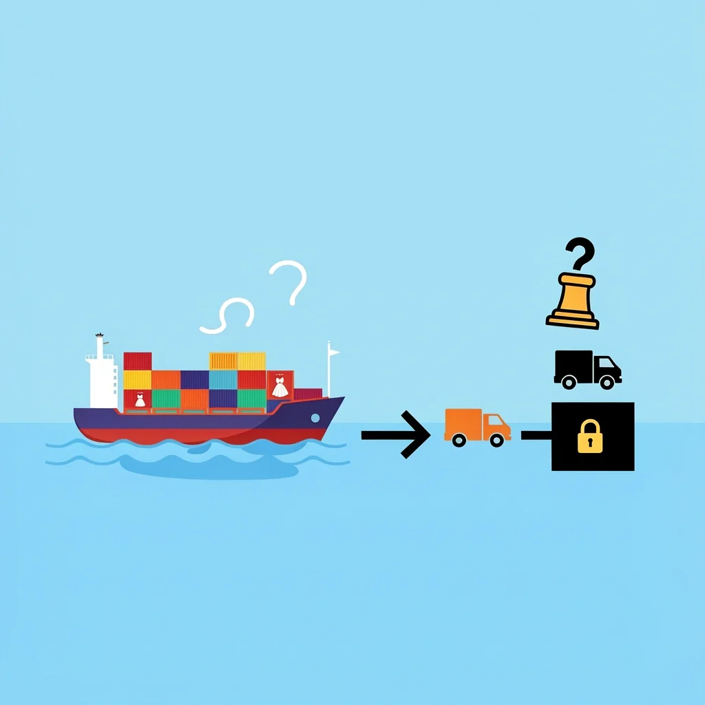 Vector illustration of wedding dress shipping journey with cargo ship, customs stamp, question mark, and truck path on blue background