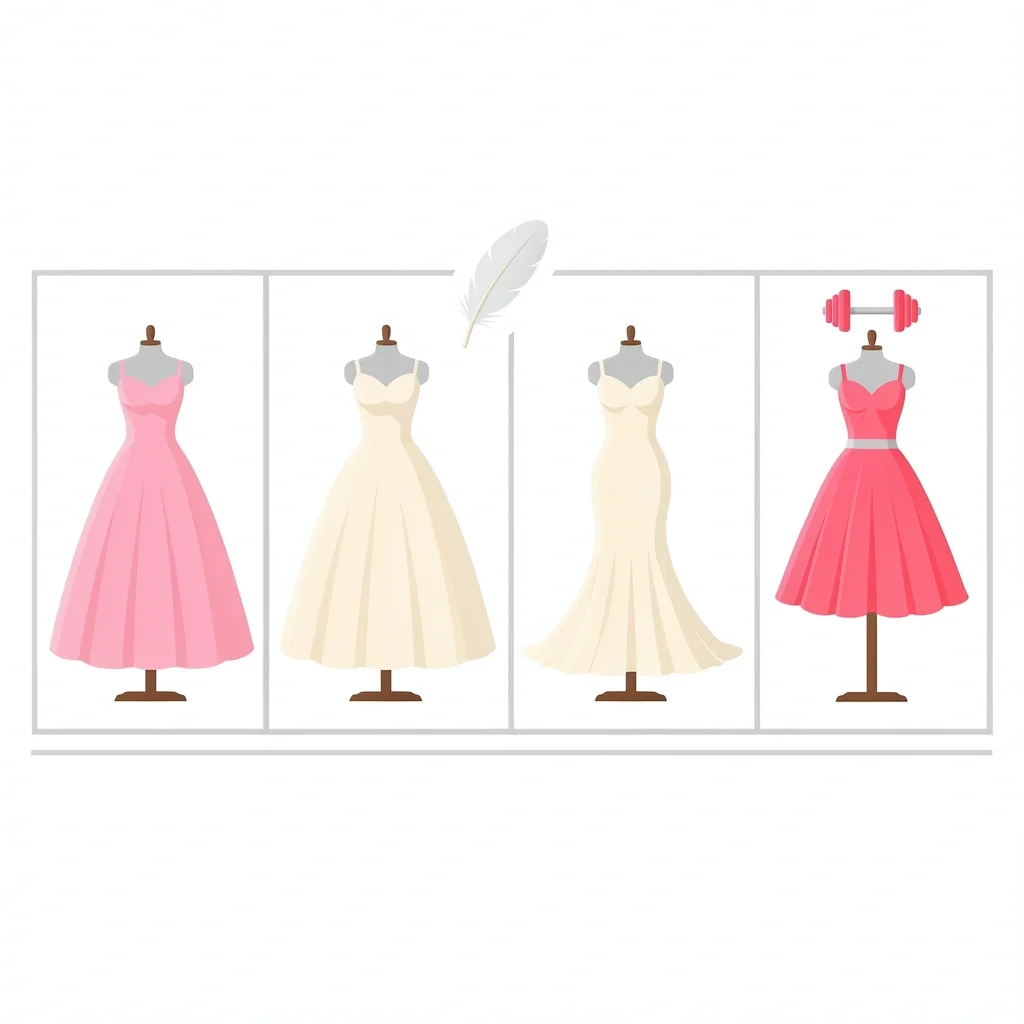 Wedding Dress Style Weight Ranges Five different wedding dress silhouettes from ball gown to sheath with icons indicating relative weight