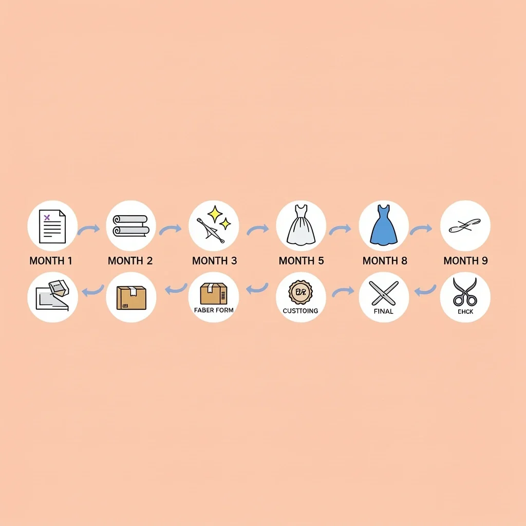Vector timeline illustration of eight months of wedding dress production and delivery with icons for each stage and growing dress silhouette