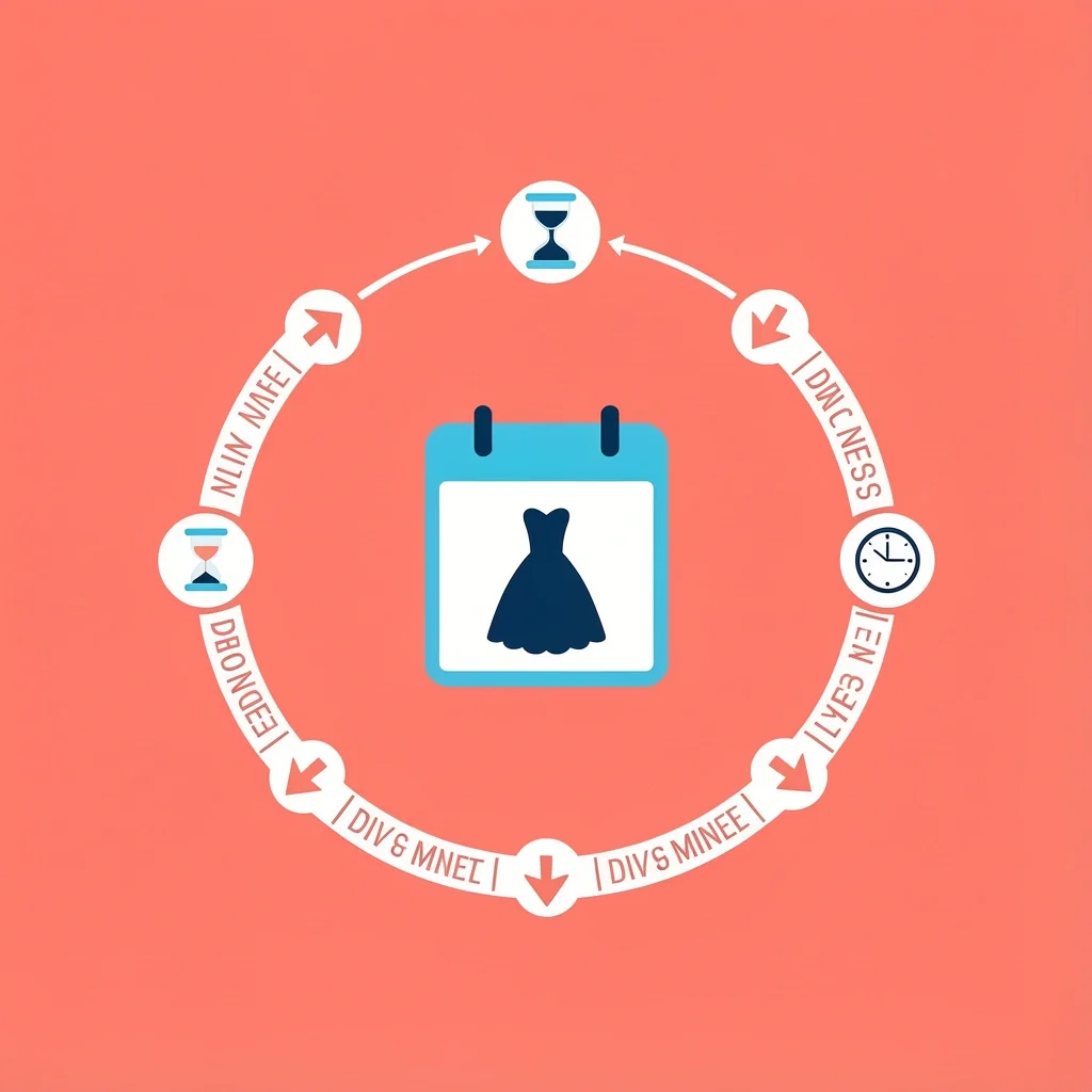 Abstract illustration of wedding dress waiting timeline with calendar, hourglass, and arrow path on coral background
