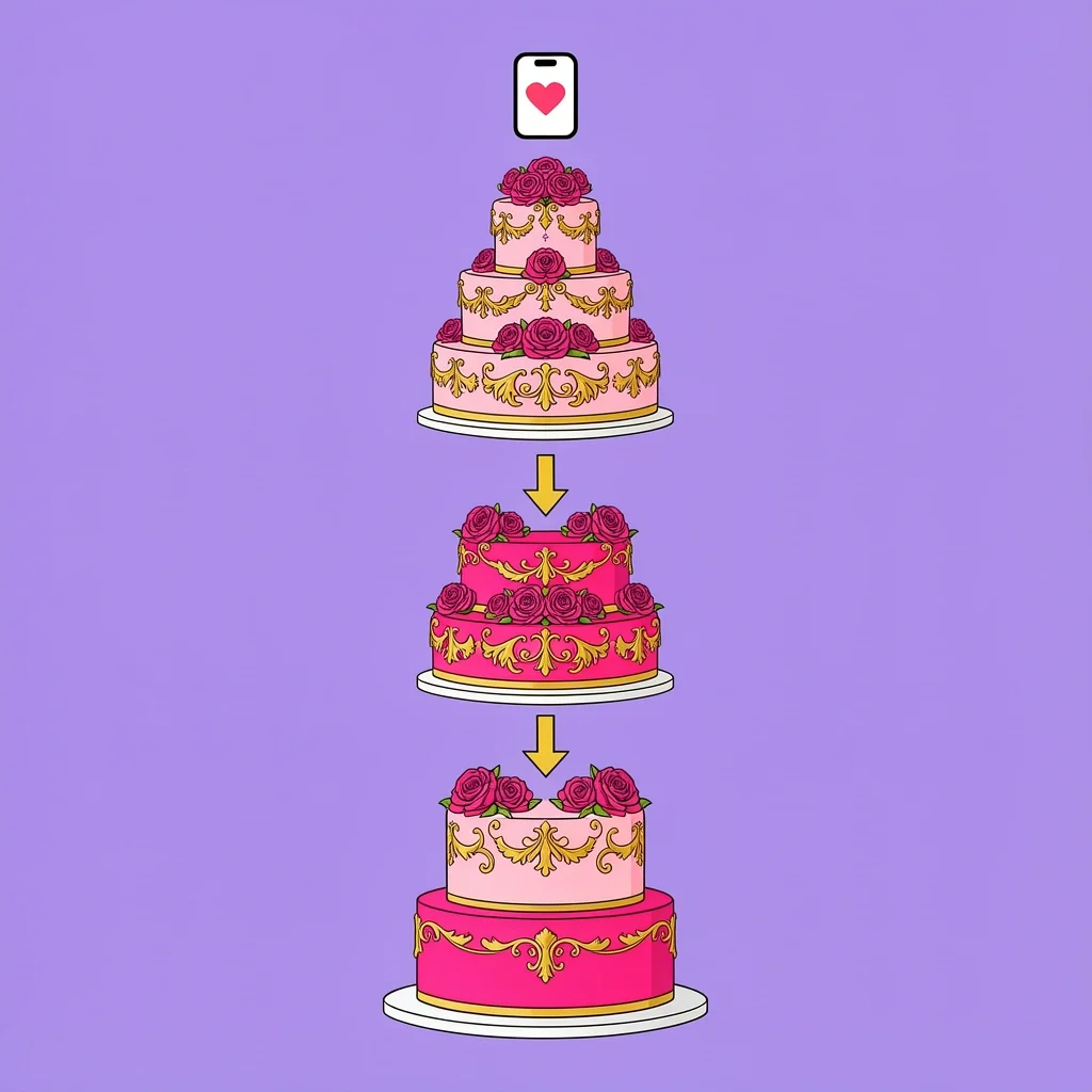 Wedding Expectation Escalation Visual Escalating wedding cake tiers from simple to elaborate, with social media influence illustrated above