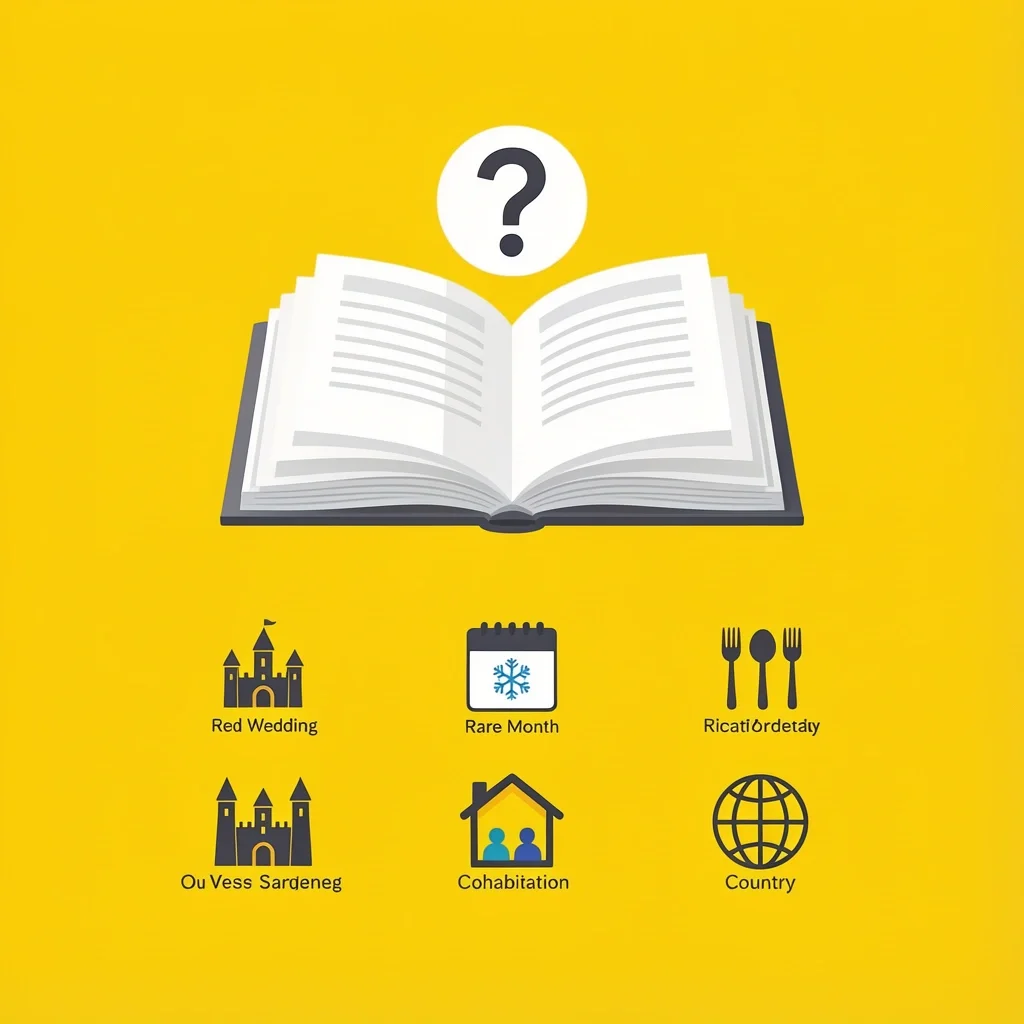 Wedding Frequently Asked Questions Icons Open book with question mark and grid of castle, calendar snowflake, house, and globe icons symbolizing wedding FAQs
