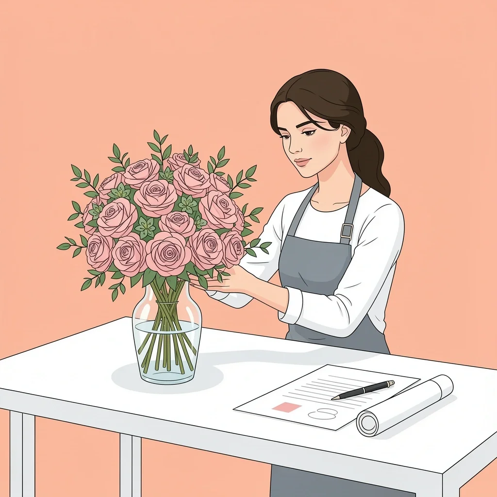Florist arranging wedding flowers in a glass vase with a contract nearby, symbolizing vase policy clarity.