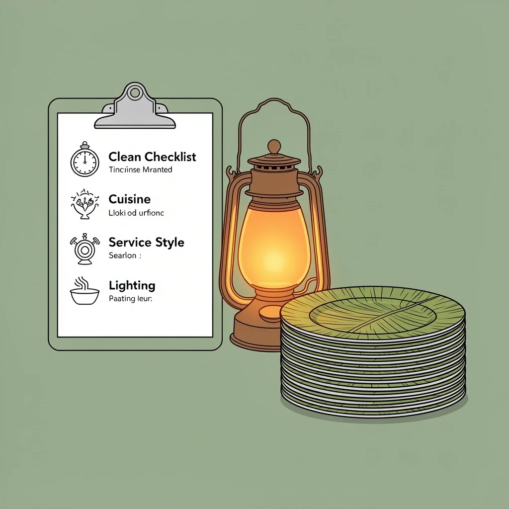 Action plan checklist for wedding food budget with icons for timing, cuisine, service style, and lighting, on a clipboard.
