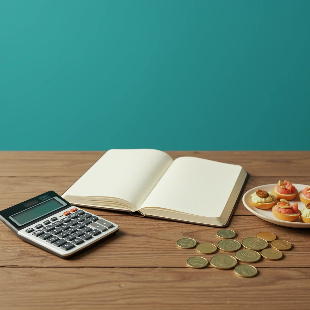 Notebook and calculator for wedding food budget planning, with coins and a plate of appetizers.