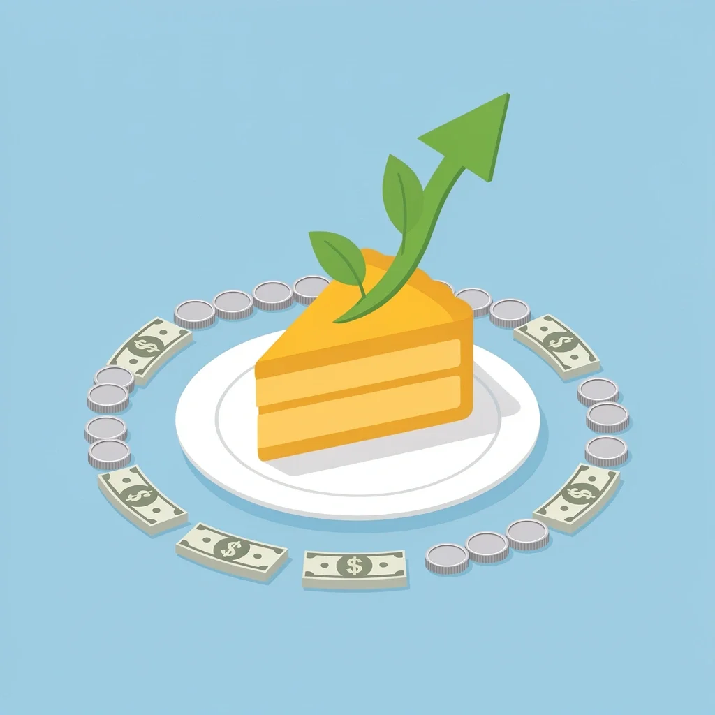 Illustration of a wedding cake slice on a plate surrounded by coins and a rising green arrow, representing high wedding food costs.