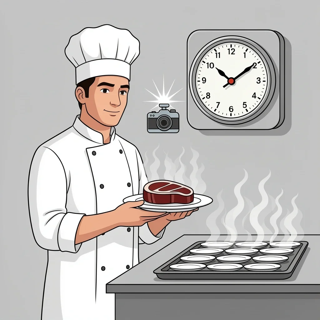 Why Wedding Food Tastes Average - Kitchen Constraints 2D illustration of a chef in a wedding kitchen holding a steak, with a clock, thermometer, warming trays, and a camera icon showing the constraints of mass catering.