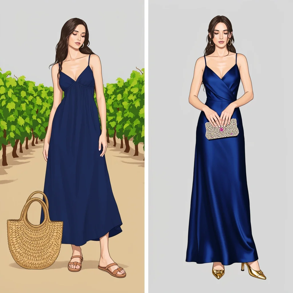 Illustration comparing accessorizing a navy linen dress for a vineyard wedding vs a navy satin gown for a ballroom.