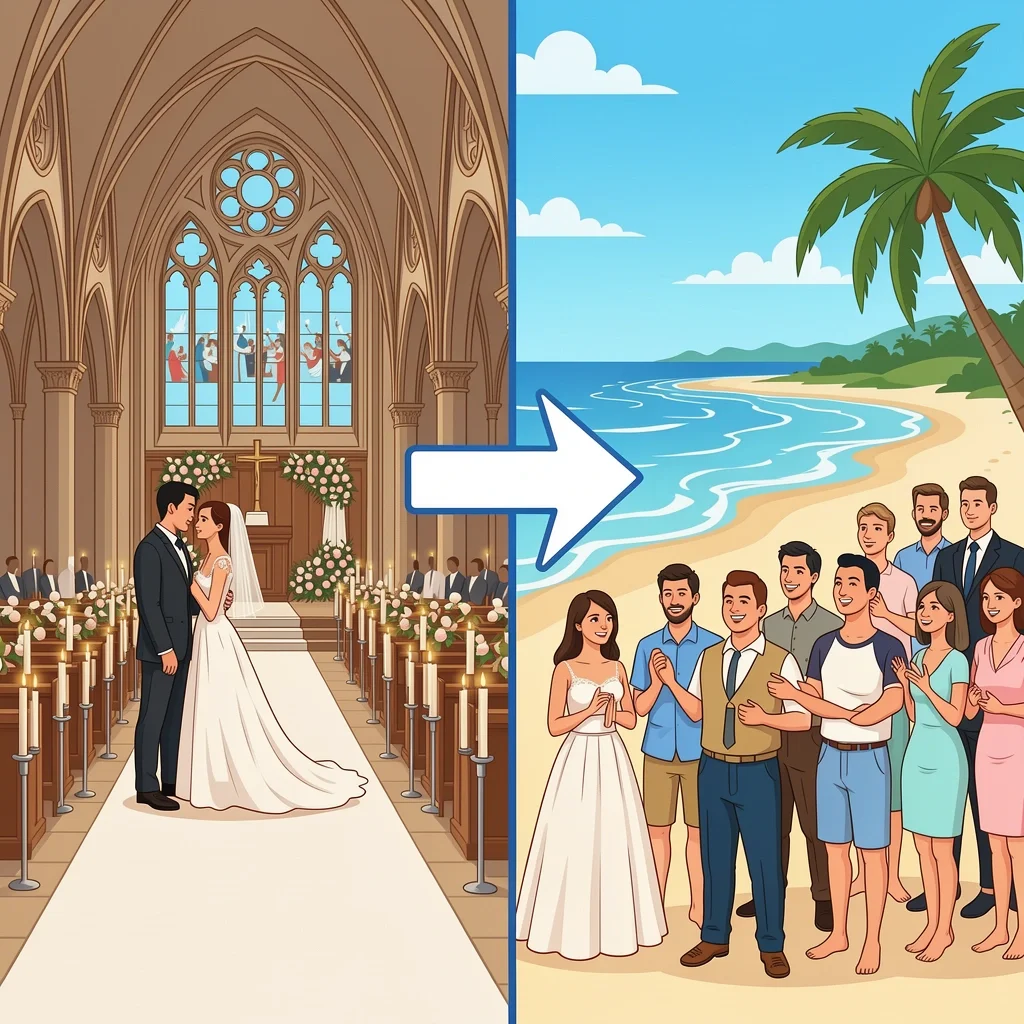 Matching Greeting to Wedding Formality Split illustration of a formal cathedral wedding and a casual beach wedding, each connected to a matching card style via arrows