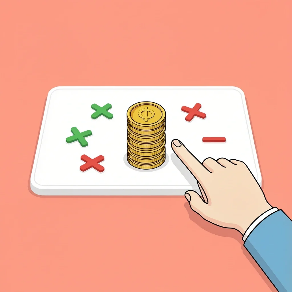 Calculating Your Wedding Cash Gift A hand pointing at a stack of gold coins on a white plate, with green plus and red minus icons around it on a soft coral background.