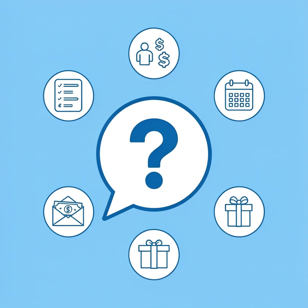 Wedding Gift FAQ Visual Guide Vector illustration of a central question mark surrounded by icons for registry, budget, timing, cash, and wrapping FAQs