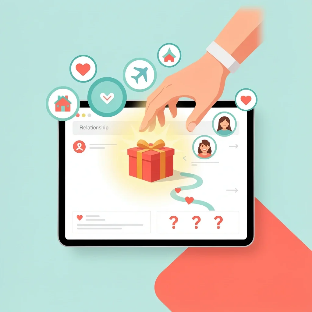 Illustration of a person choosing a wedding gift from a digital registry with relationship and love language icons