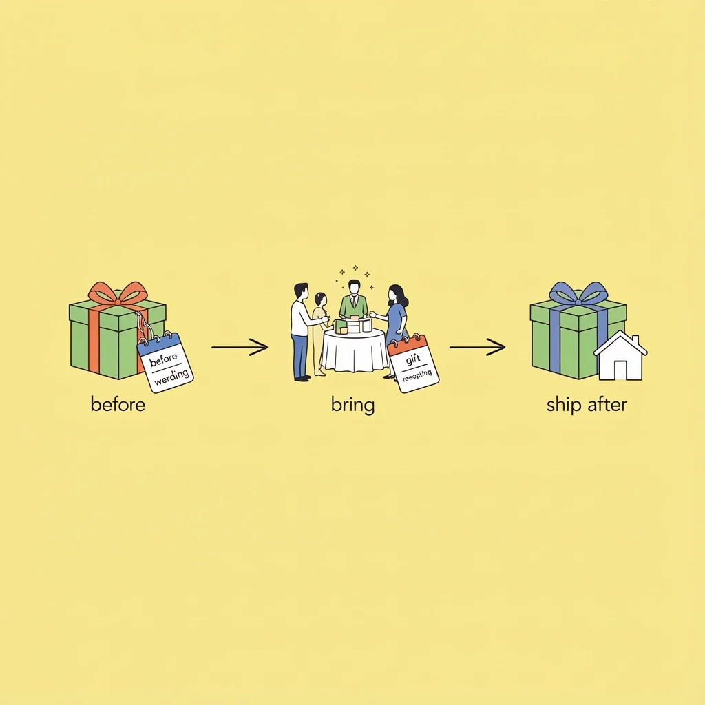 Wedding Gift Logistics and Timing Timeline vector showing three gift delivery options: before the wedding, bring to reception, or ship after