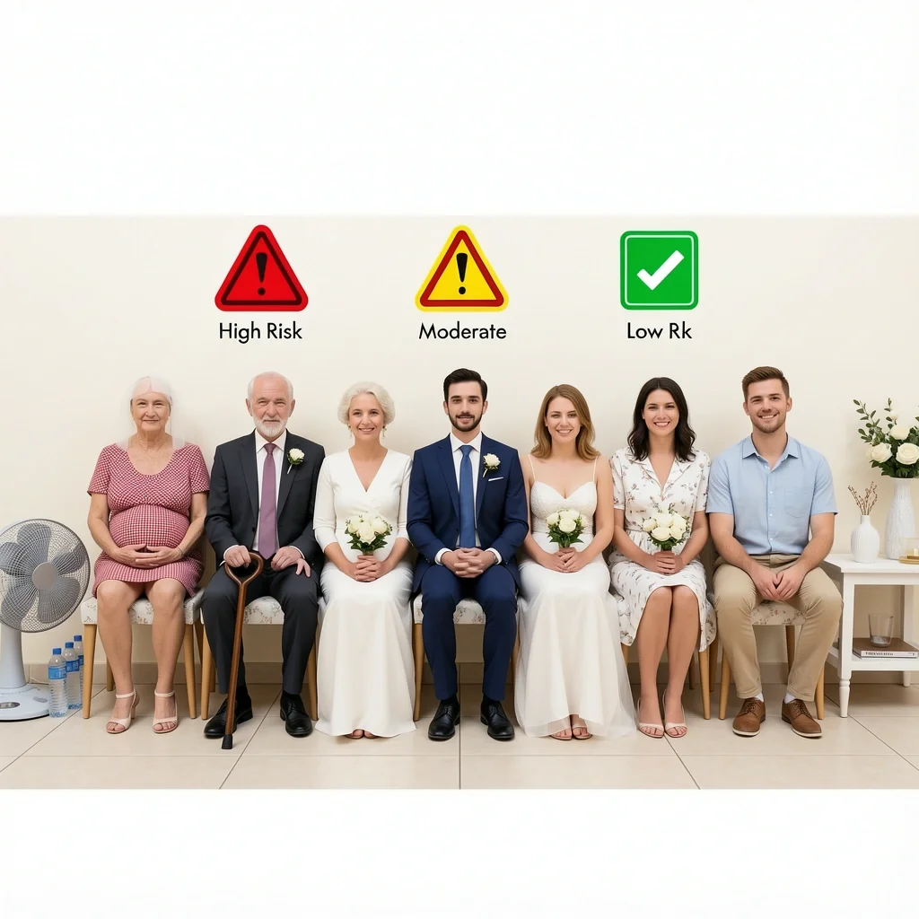 Guest Heat Vulnerability Tiers for Outdoor Wedding Three tiers of wedding guests based on heat vulnerability: high risk elderly/pregnant, moderate risk suited guests, low risk healthy adults.
