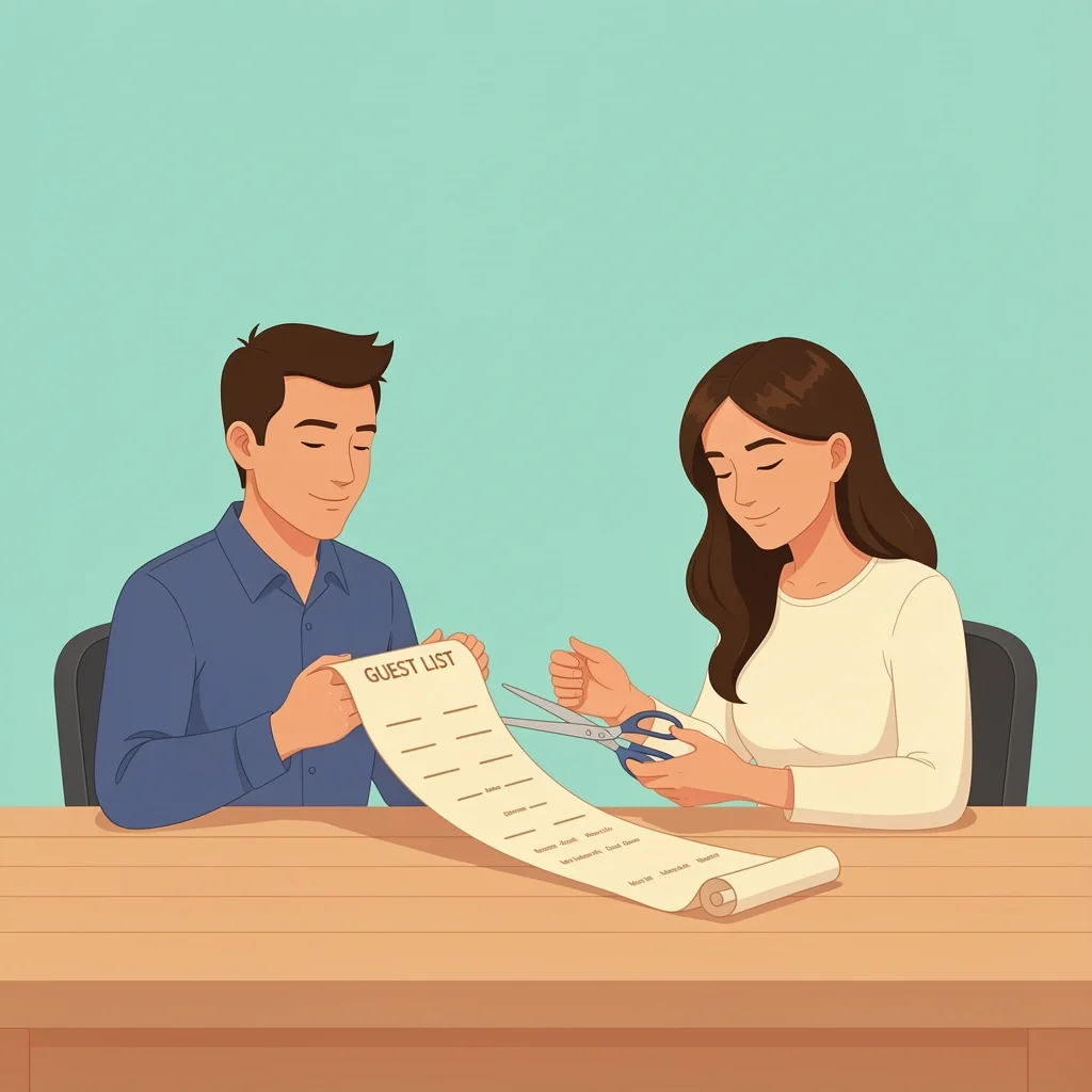 Couple cutting wedding guest list with scissors to reduce stress