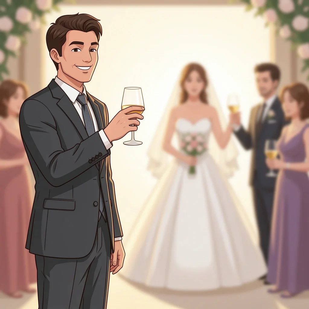 Wedding Guest Appropriate Attire Wedding guest in a dark charcoal suit at a reception, with the bride and groom softly highlighted in the background to show the guest is not overshadowing them.