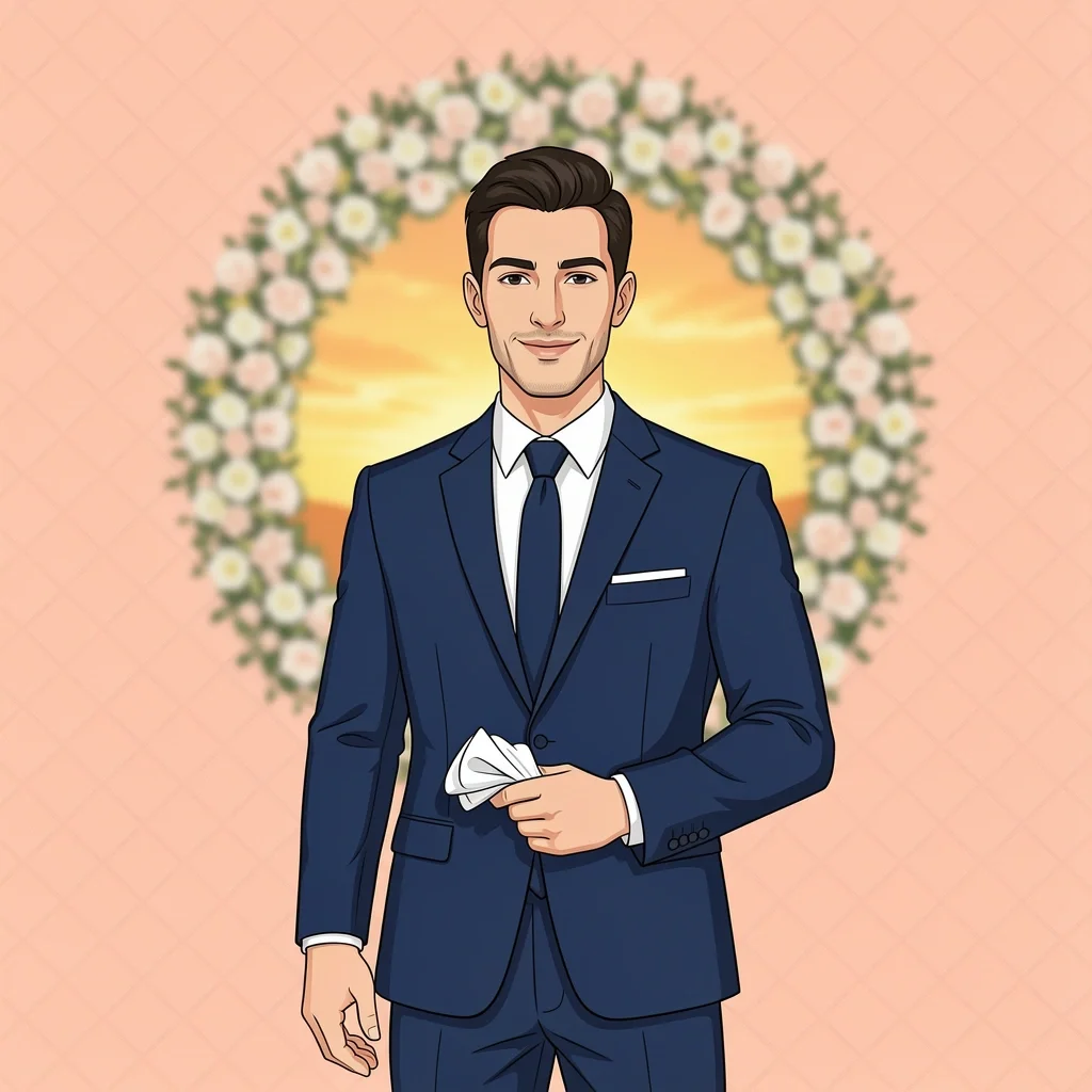Man in navy suit standing confidently in front of a wedding arch, representing wedding guest attire.
