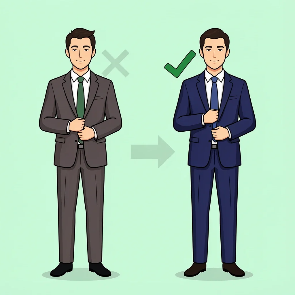 Unwritten Rules of Wedding Guest Attire Two men in different colored suits, one with a checkmark and one with an X, showing unwritten rules of not clashing with the groom.