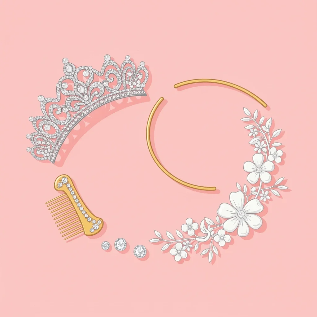 Flat lay of various wedding hair accessories including tiara, comb, headband, and hair vine on pink background