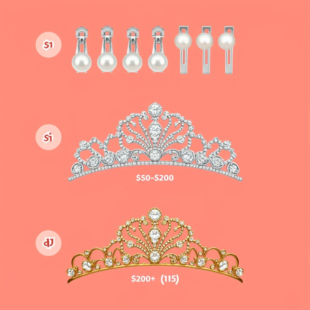 Wedding Hair Accessory Budget Tiers Three tiers of wedding hair accessories: basic under $50, mid-range $50-$200, and luxury over $200
