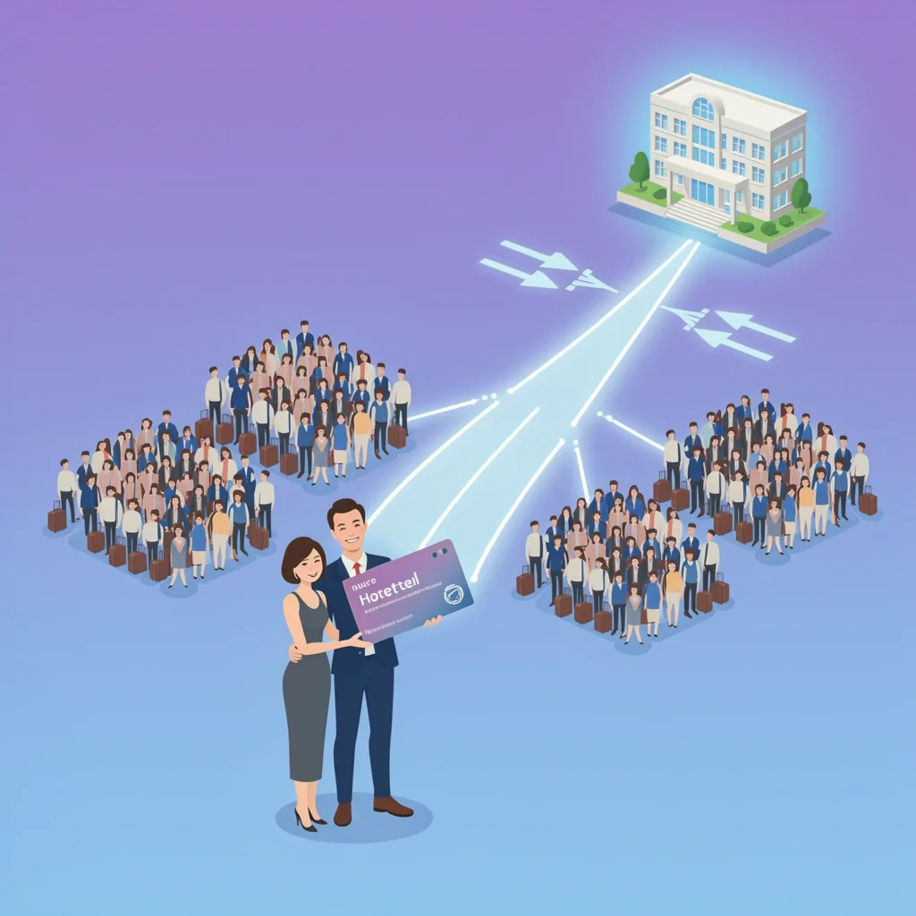 Modern illustration of a couple planning a wedding hotel room block, with visual path and guest icons