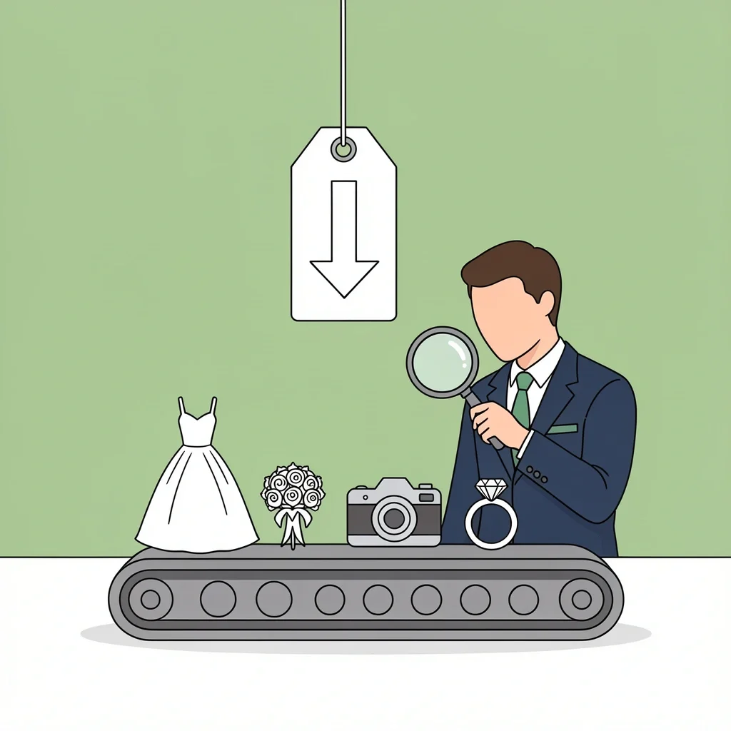Wedding Industrial Complex Illustration Conveyor belt with wedding items and price tag with vendor magnifying glass symbolizing wedding industry