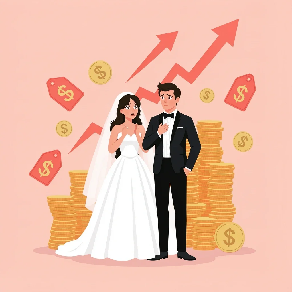 A couple overwhelmed by rising wedding costs, with dollar signs and arrows symbolizing inflation