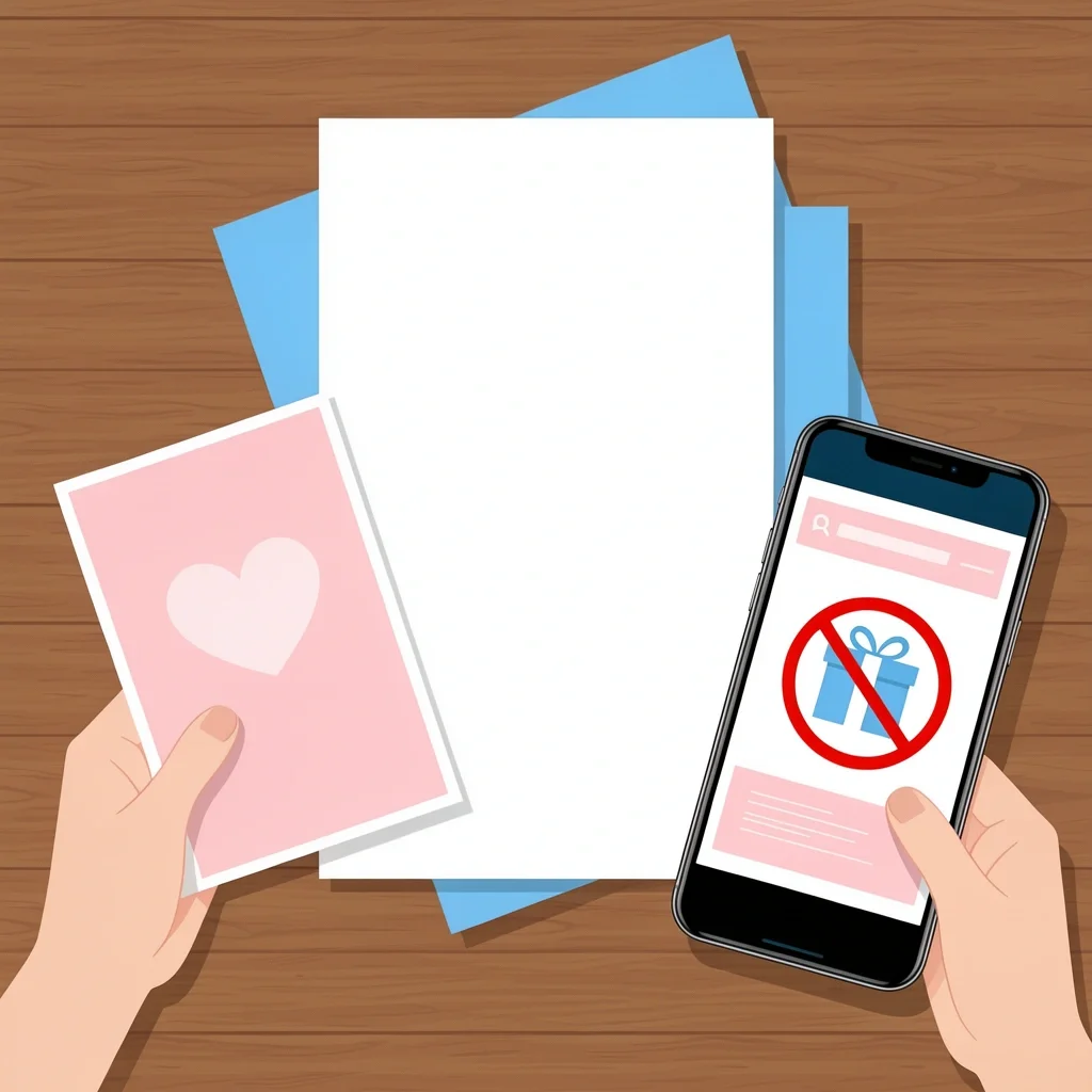 Wedding invitation with insert card and smartphone showing website, communicating no registry