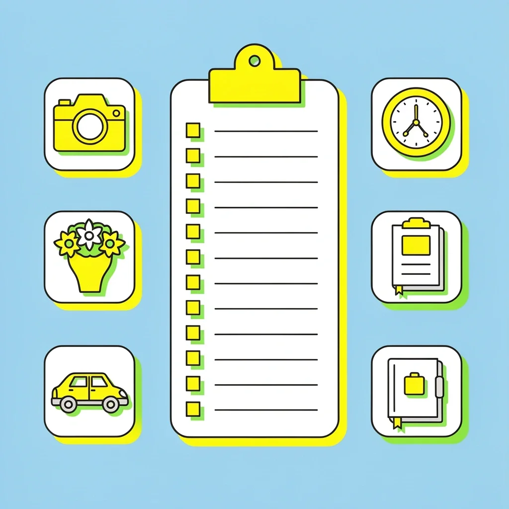 Wedding Logistics Stressors Icons Checklist Seven icons representing common wedding logistics stressors like camera, bouquet, and car on a blue background with a checklist.