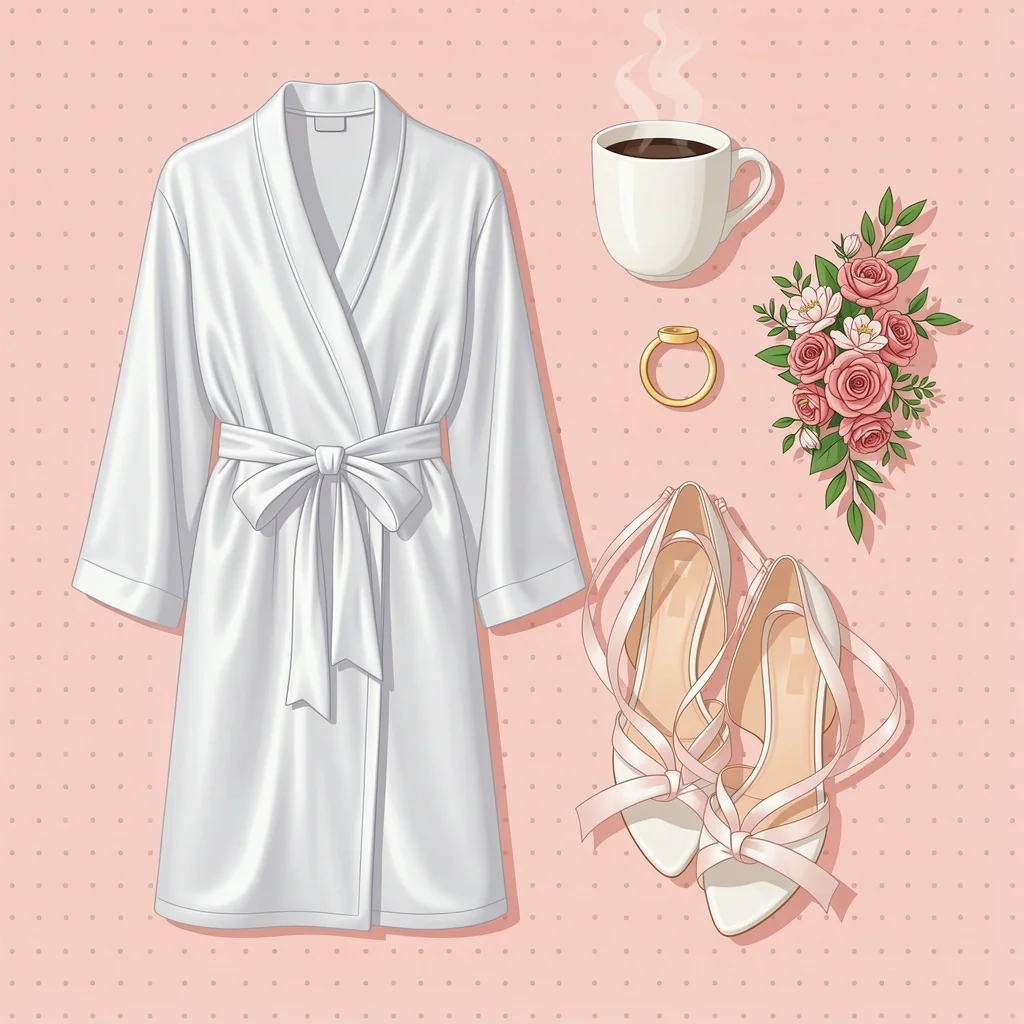Flat lay of wedding morning essentials including robe, coffee, shoes, corsage, and ring on pink background