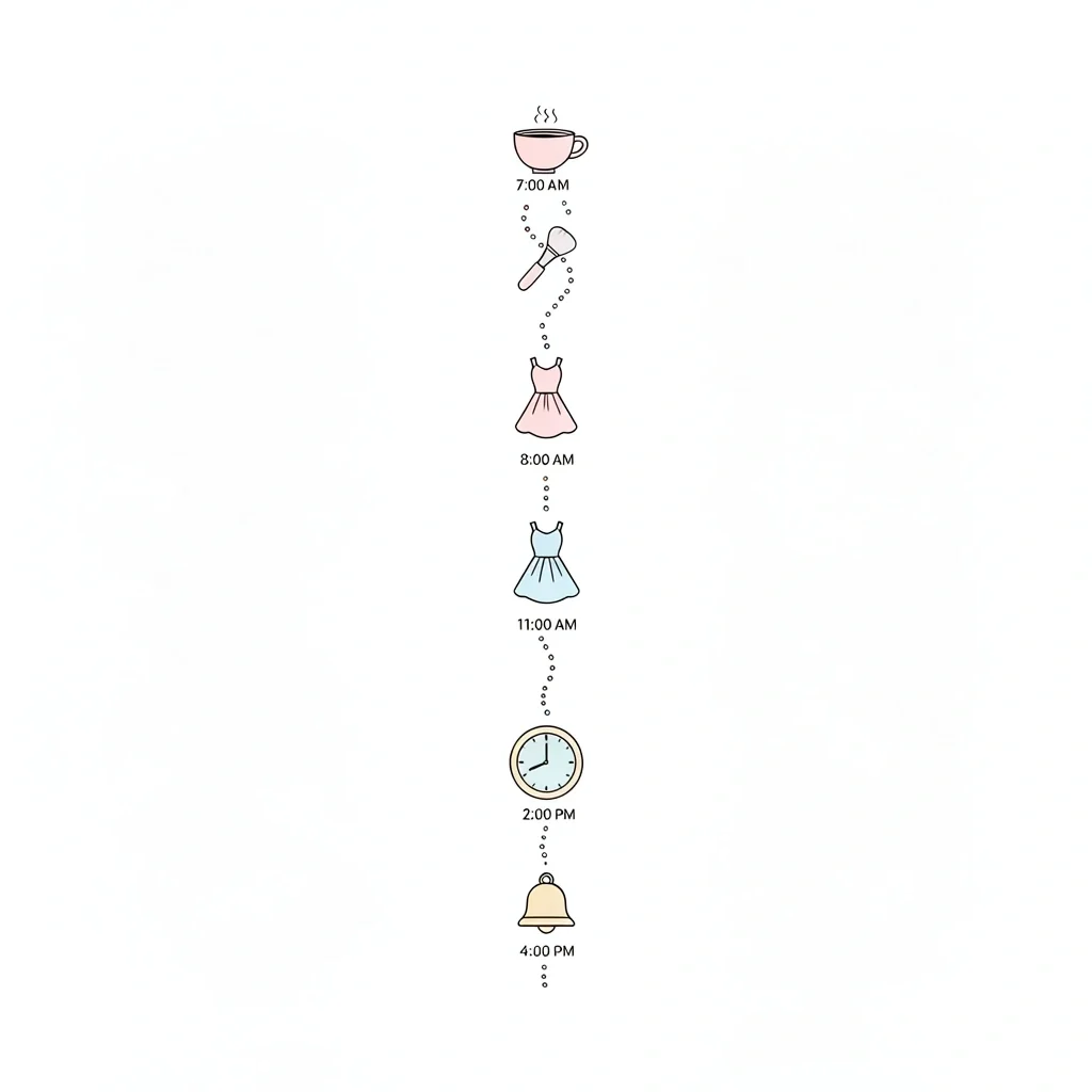 Wedding Morning Timeline Icons Vertical timeline with pastel icons for coffee, makeup, dress, clock, and bell representing wedding morning schedule