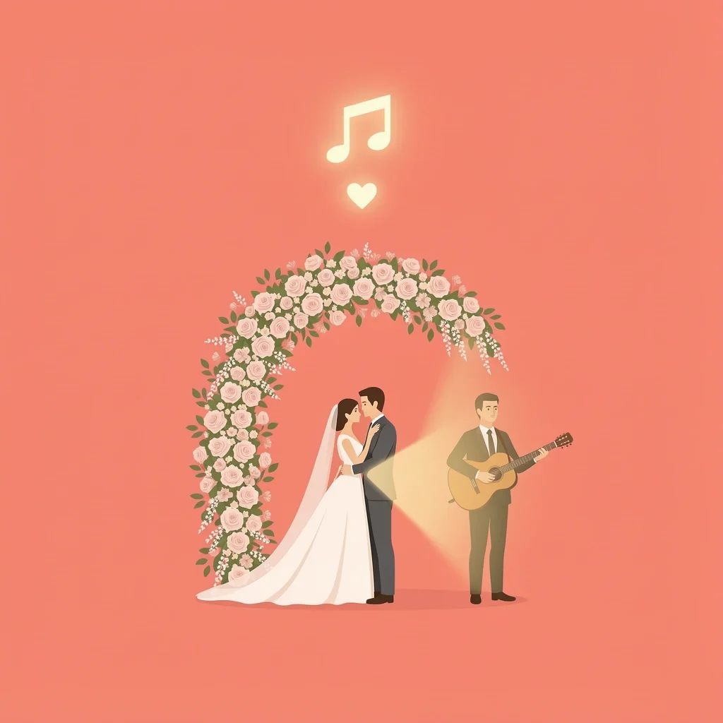 A couple under a floral arch with a guitarist playing, representing the meaning of wedding music.