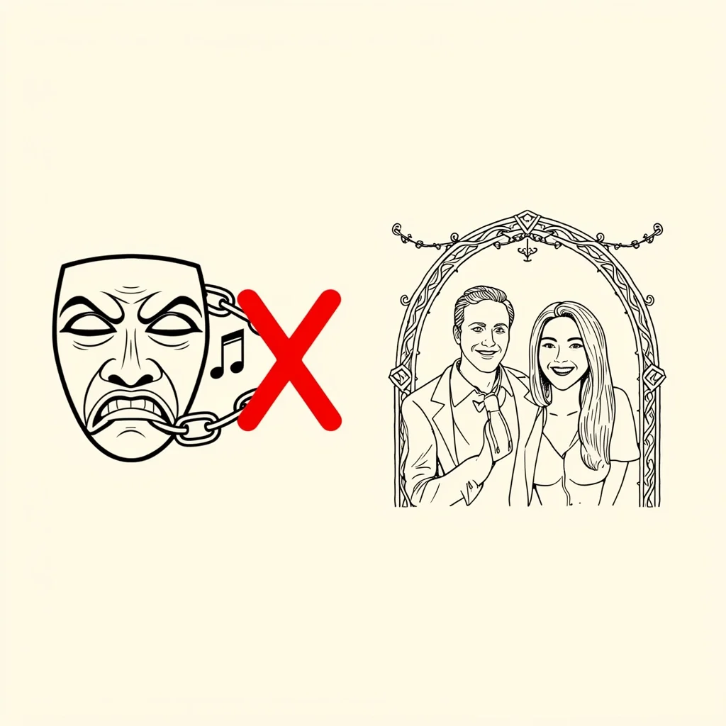 A split illustration showing a theatrical tragedy mask on one side and a happy couple on the other, with an X through a link, debunking wedding music myths.