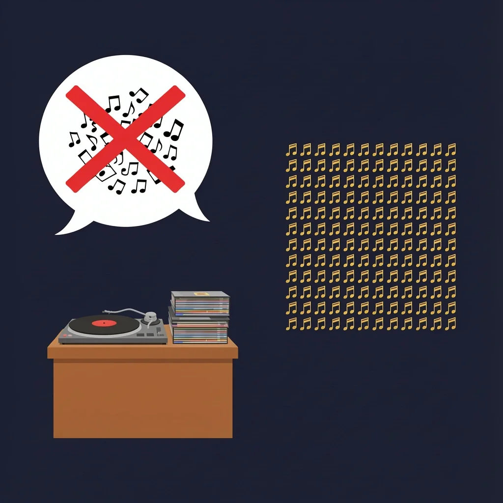 Common Wedding Music Myths DJ booth with vinyl records showing a red X over messy music notes and a neat grid of golden notes symbolizing quality over quantity