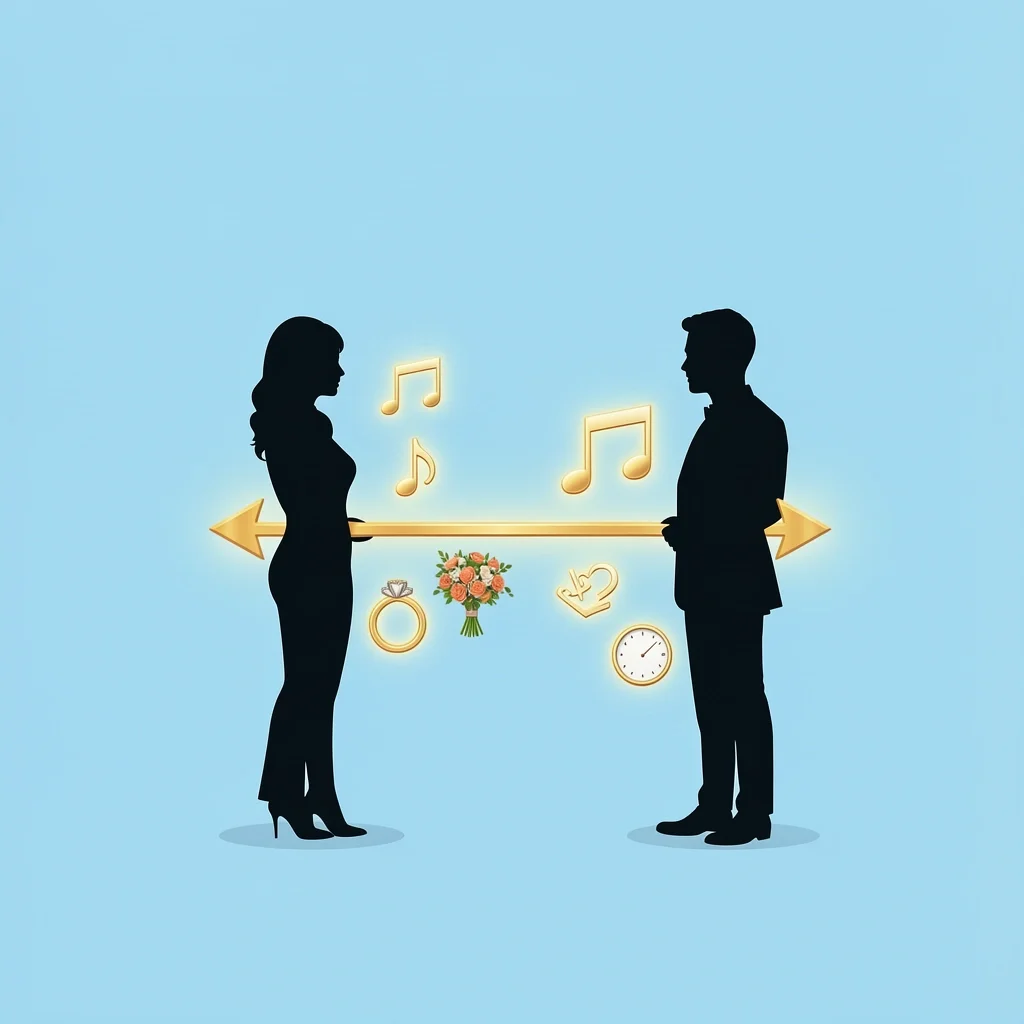 Wedding couple silhouette with musical notes and timeline arrow on pastel blue background representing music planning
